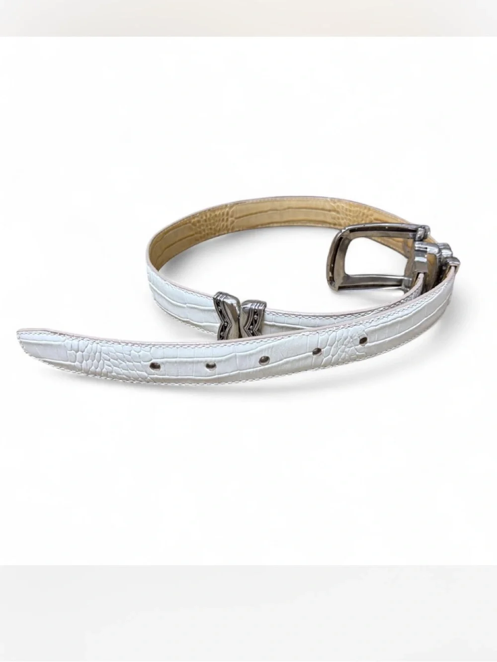 VTG Brighton Reversible White & Tan Croc-Embossed Belt with Silver Buckle M/30